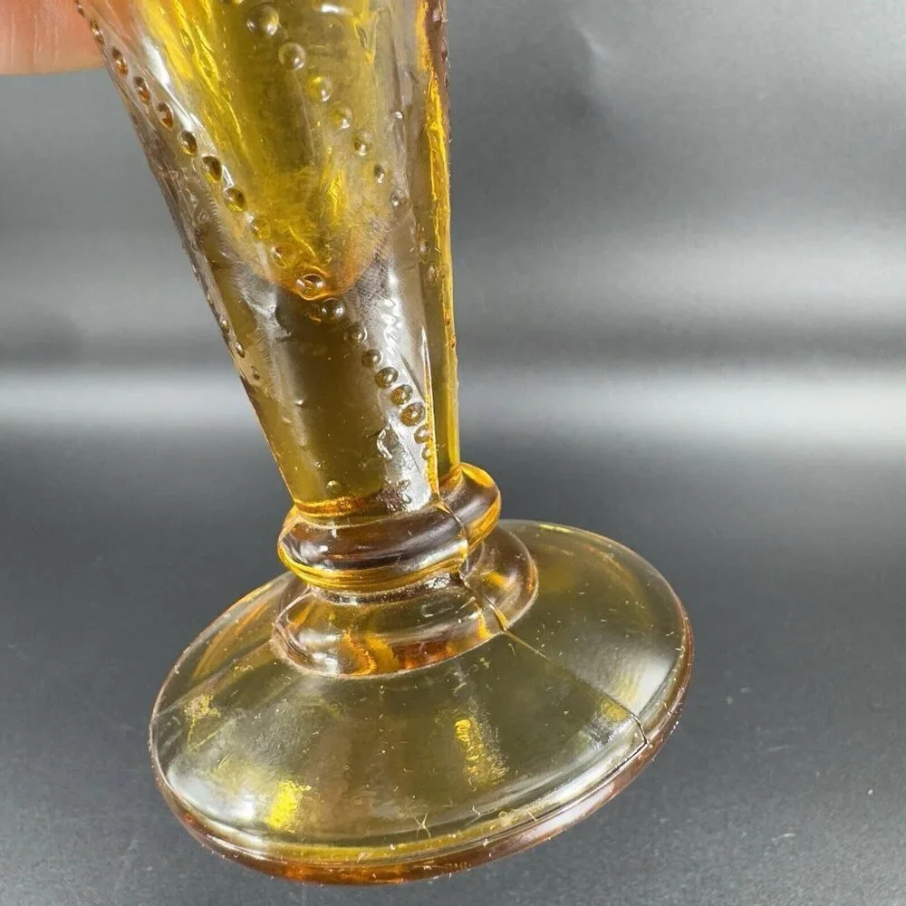 Vintage Mid Century Amber Glass Bud Vase Beaded Wavy Edges Glass‎ Vase VTG Decor